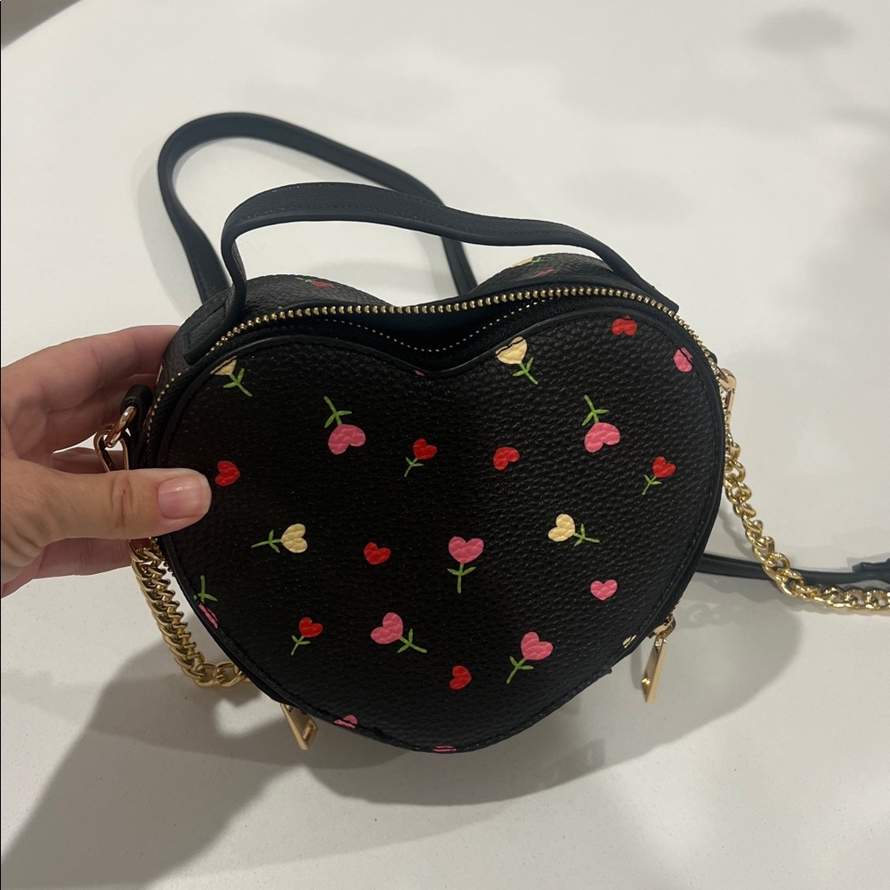Heart-Shaped Black Crossbody Bag with Floral Accents